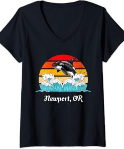 Womens Vintage Newport Oregon Distressed Orca Killer Whale Art V-Neck T-Shirt