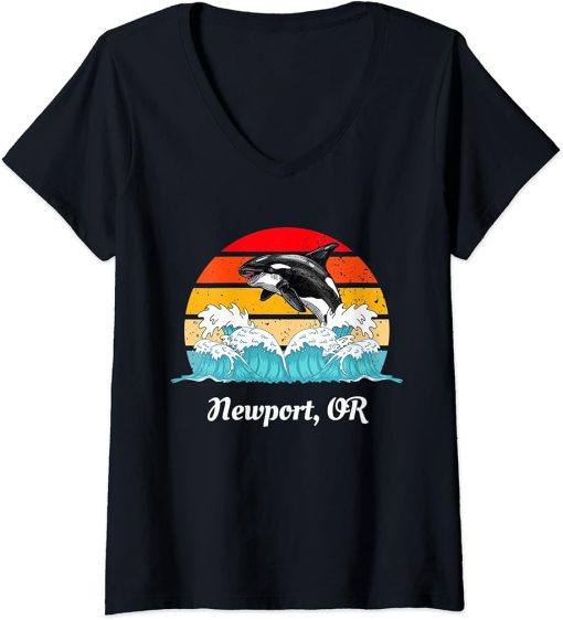 Womens Vintage Newport Oregon Distressed Orca Killer Whale Art V-Neck T-Shirt