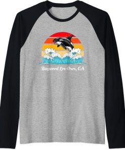 Vintage Baywood Los-Osos CA Distressed Orca Killer Whale Art Raglan Baseball Tee