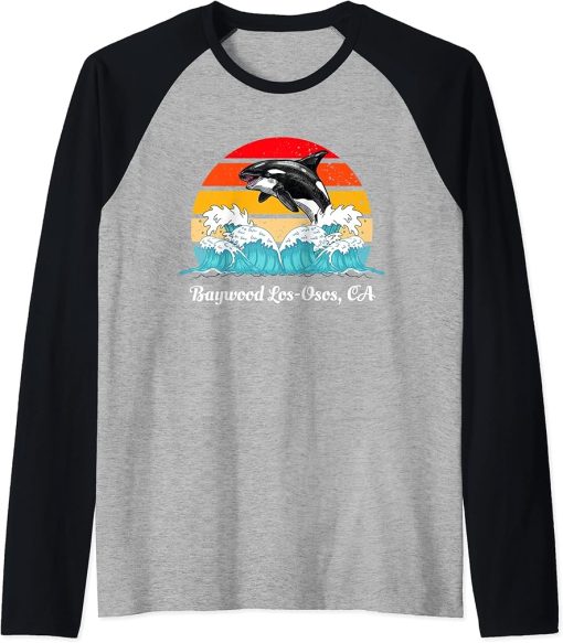 Vintage Baywood Los-Osos CA Distressed Orca Killer Whale Art Raglan Baseball Tee