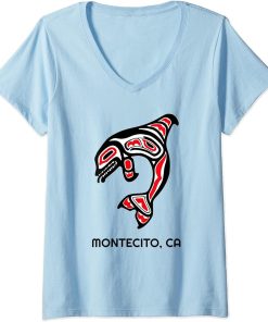 Womens Montecito, California Native American Orca Killer Whales V-Neck T-Shirt