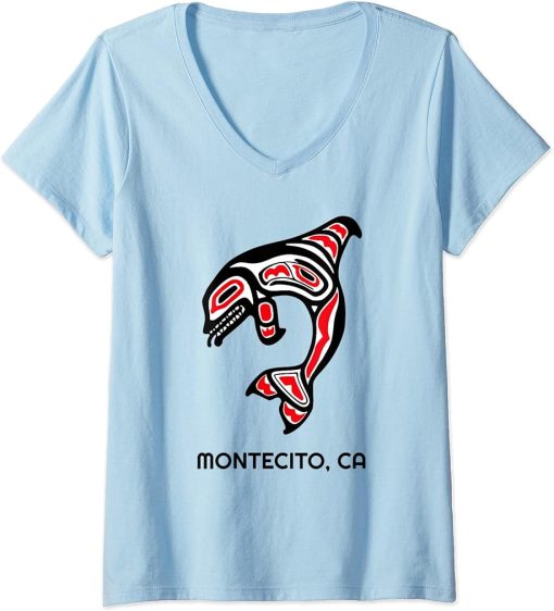 Womens Montecito, California Native American Orca Killer Whales V-Neck T-Shirt